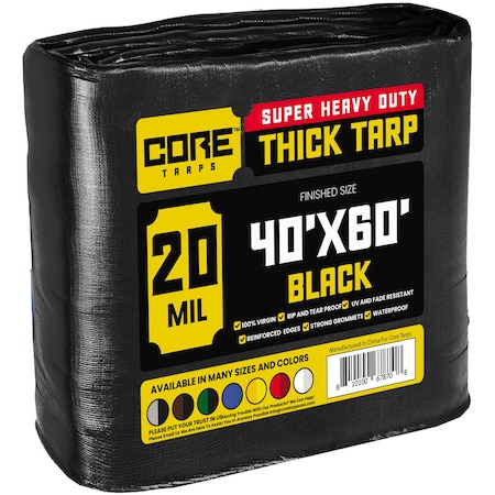 Core Tarps Heavy Duty Tarp, 40 ft x 60 ft, 20 Mil, Black, Polyethylene CT-706-40x60